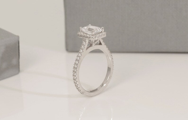 1.75 CT Emerald Cut Diamond Engagement Ring, Diamond Halo Wedding Ring, Promise Ring for Women, Anniversary Ring